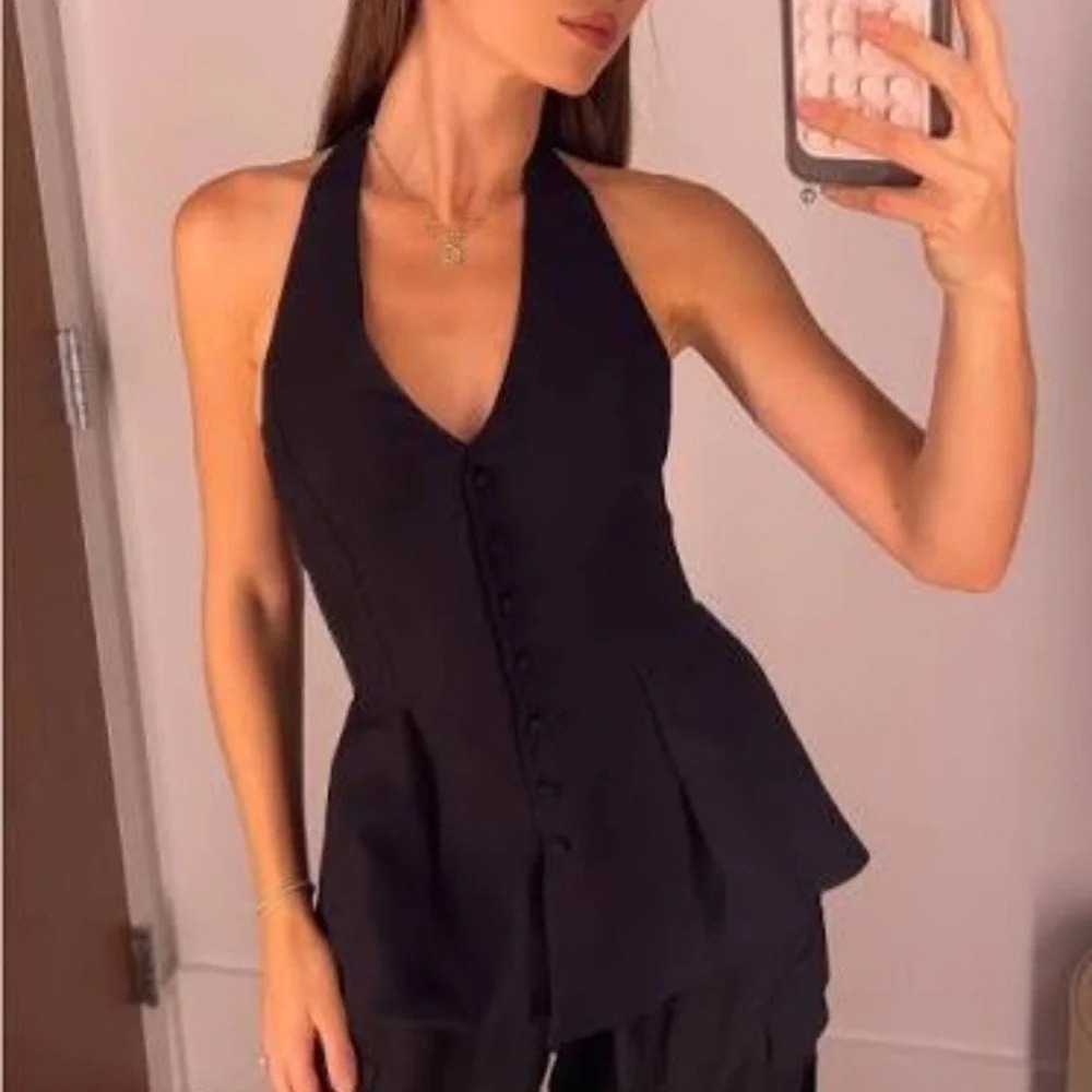 Reformation | Auli Halter Wool-Blend Peplum Vest Top in Black | size 2